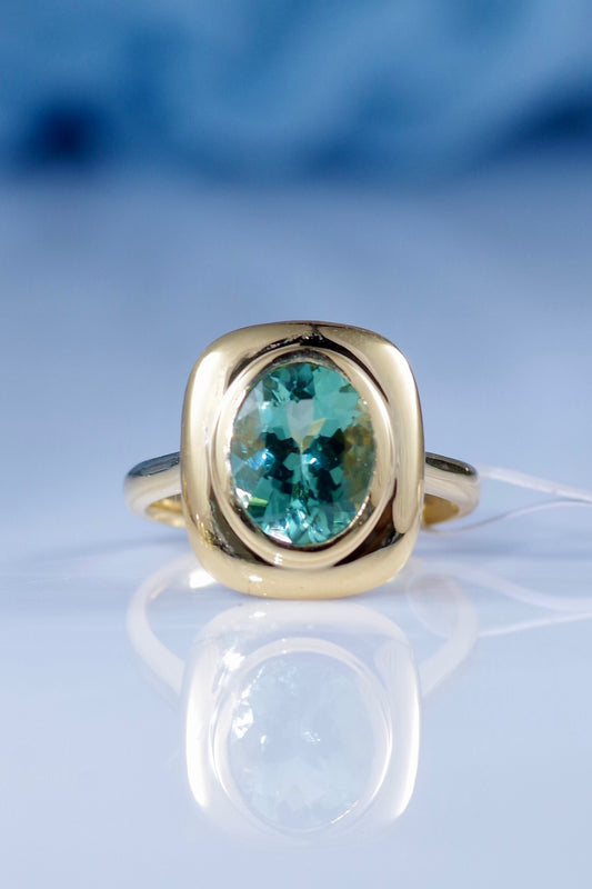 18K Gold Square Blue-Green Tourmaline Ring