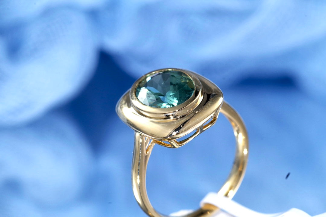 18K Gold Square Blue-Green Tourmaline Ring