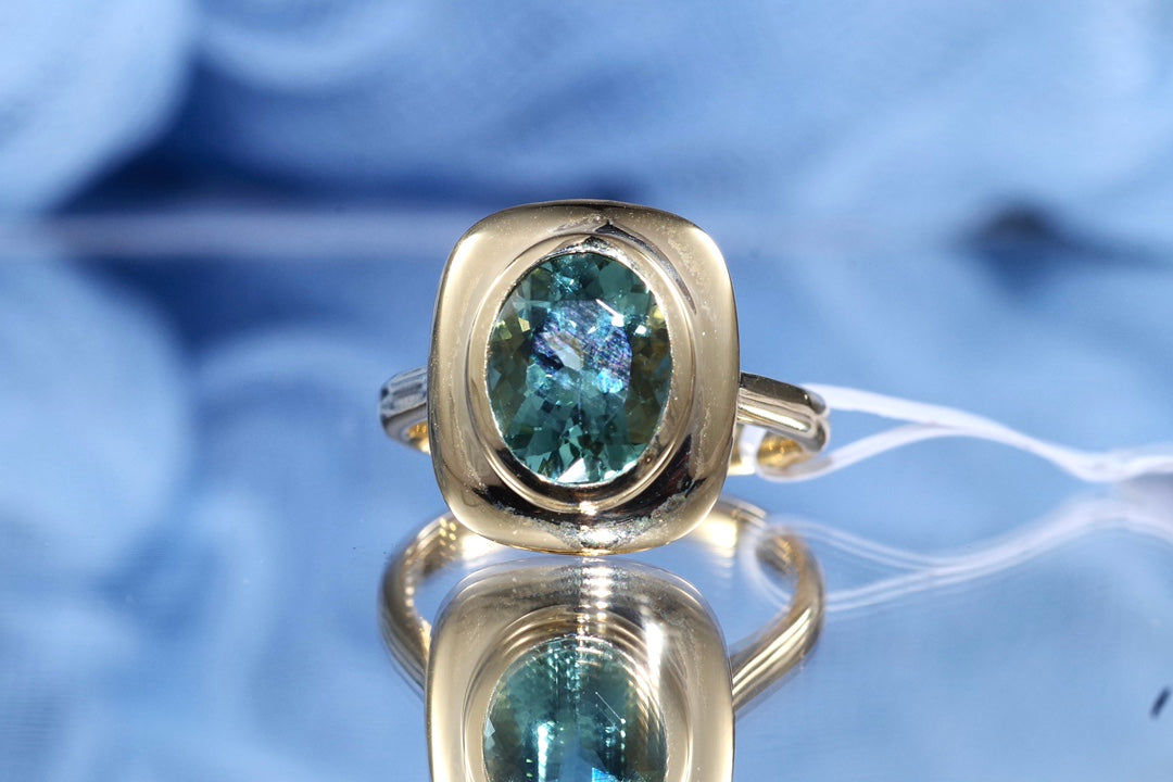 18K Gold Square Blue-Green Tourmaline Ring