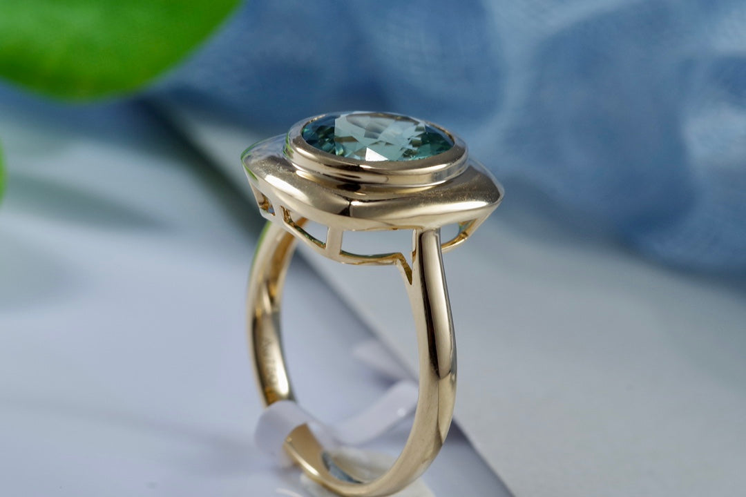 18K Gold Square Blue-Green Tourmaline Ring